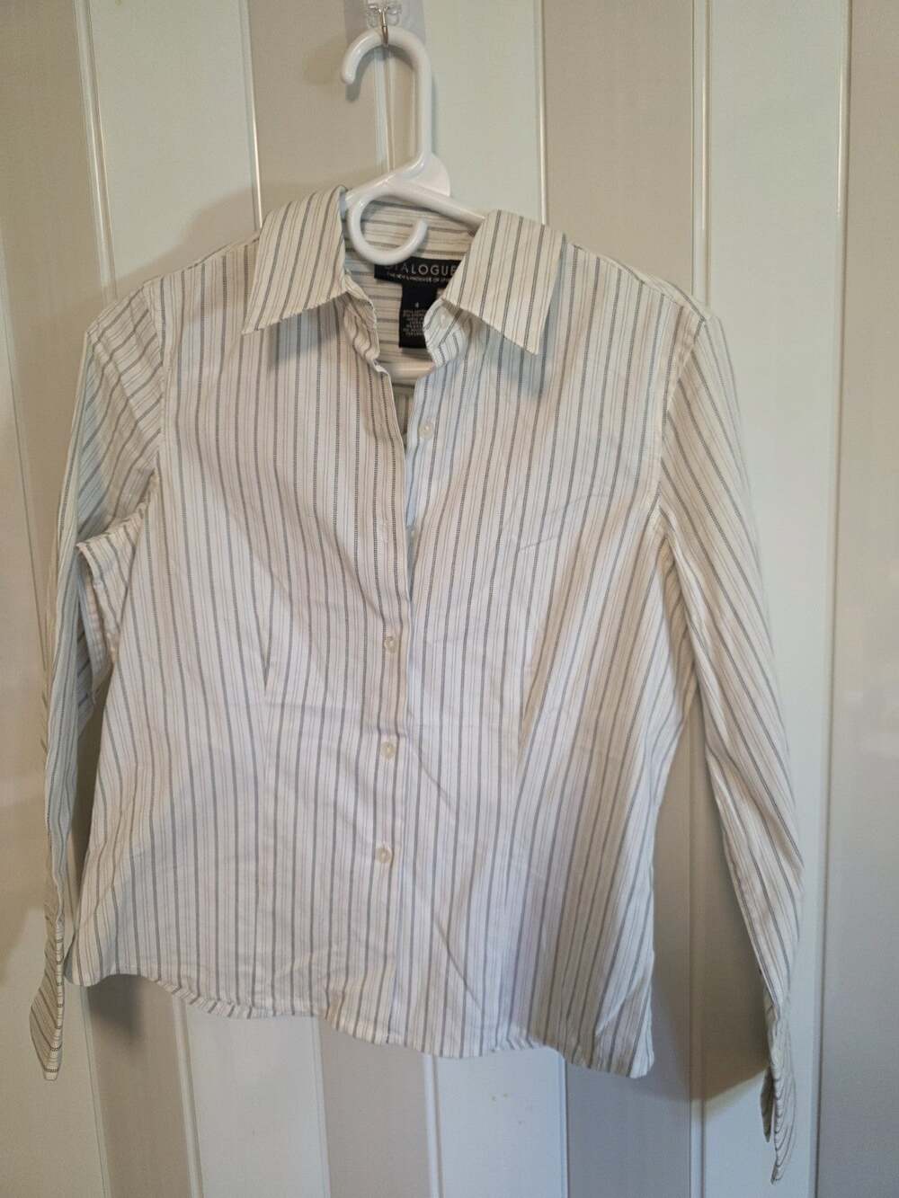 Dialogue Women’s 4 Regular White Blue Striped Collared Long Sleeve Button-Up